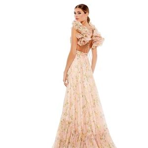 MAC DUGGAL RUFFLE TIERED FLORAL CUT-OUT CHIFFON GOWN